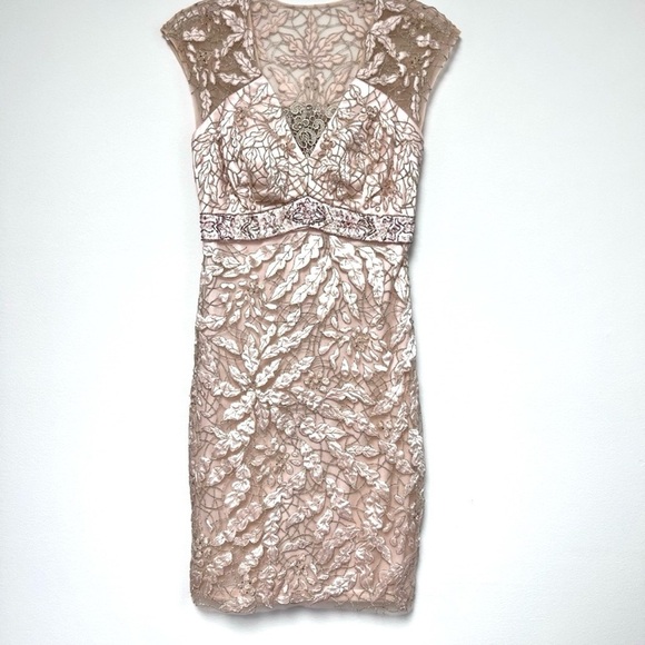 Sue Wong Nocturne Peach Pink Guipure Lace Jeweled Evening Cocktail Dress - Picture 3 of 16